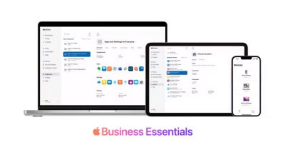 IU de Apple Business Essentials en una MacBook, un iPad y un iPhone arriba del logotipo de Business Essentials.