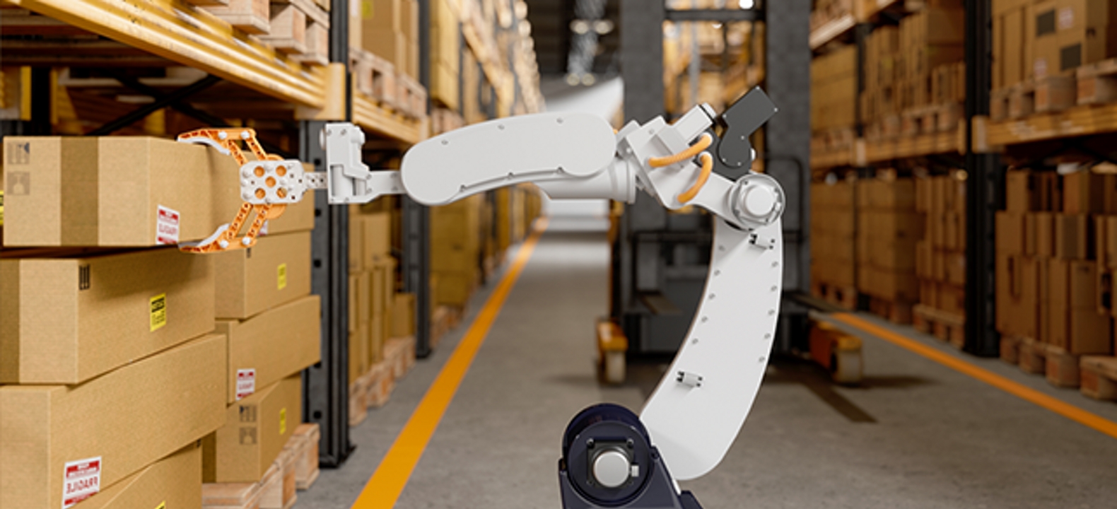 Brazo robótico colocando cajas en una estantería