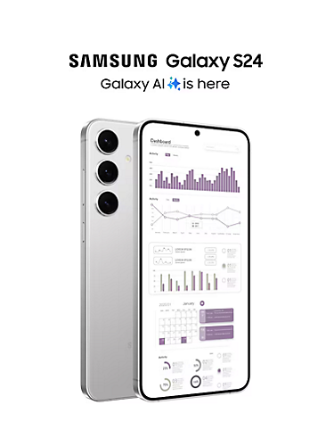 Vista frontal y posterior de dos dispositivos Samsung Galaxy S24 Marble Gray mostrando la IU del panel de control.