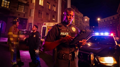 A police officer and an EMT at the scene of an emergency in an urban area at night