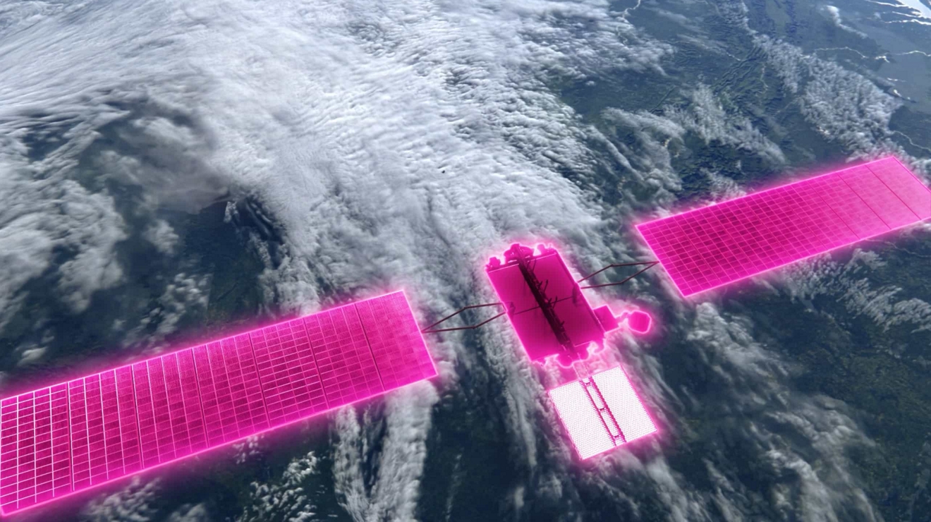 Un satélite Starlink magenta en órbita sobre un océano.