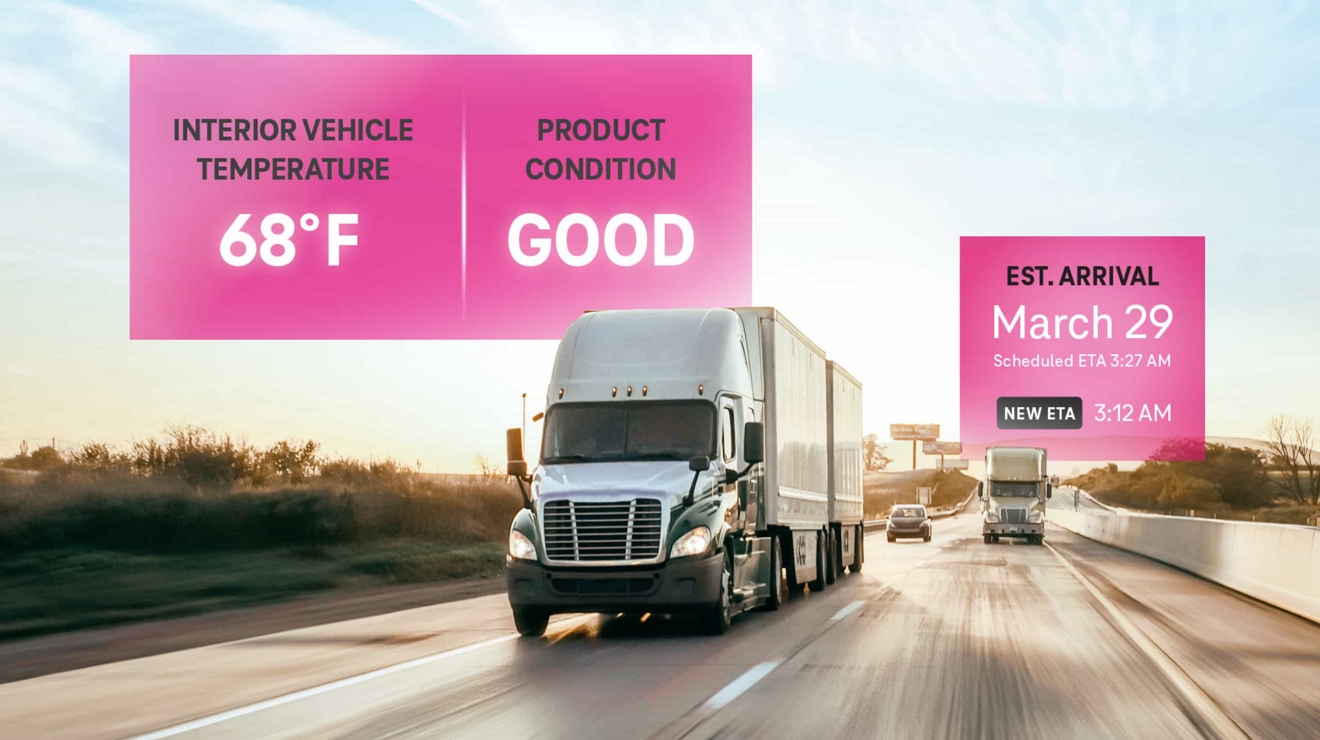 Dos semirremolques en una carretera, con información superpuesta de temperatura, estado del producto y fecha de llegada.