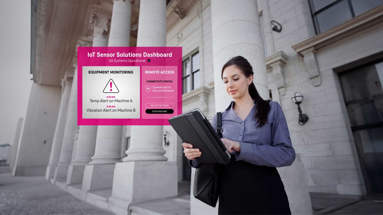 Pantalla de un panel de soluciones de sensores IoT junto a una persona de negocios que trabaja con su laptop al aire libre
