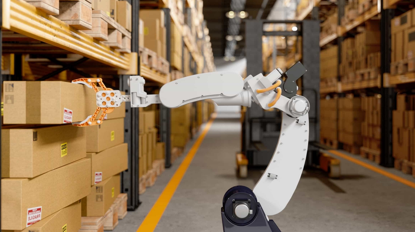 Brazo robotizado sujeta una caja en una estantería del depósito.