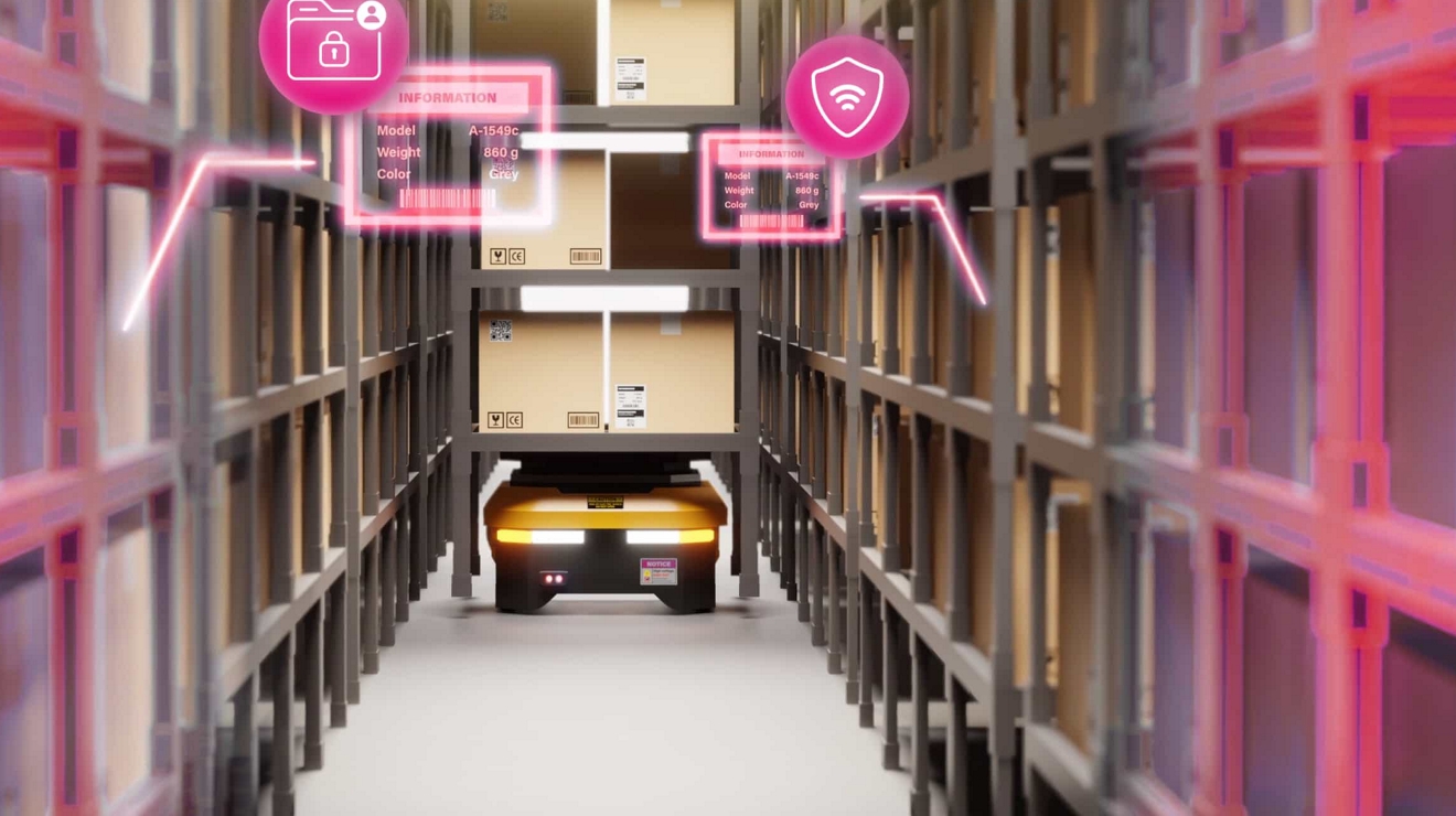 Robot de depósito en un pasillo con superposiciones que demuestran que los datos como modelo y peso de los productos están bien protegidos.