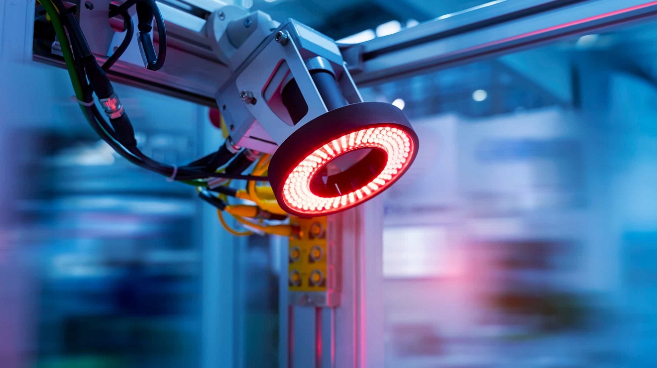 Un equipo con capacidad 5G avanzada brilla en acción con una fábrica borrosa en el fondo.