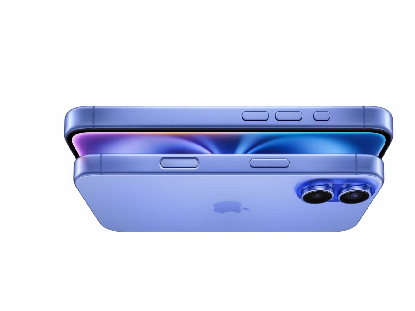 Vista lateral horizontal de dos dispositivos Apple iPhone 16; Apple Intelligence disponible ahora.