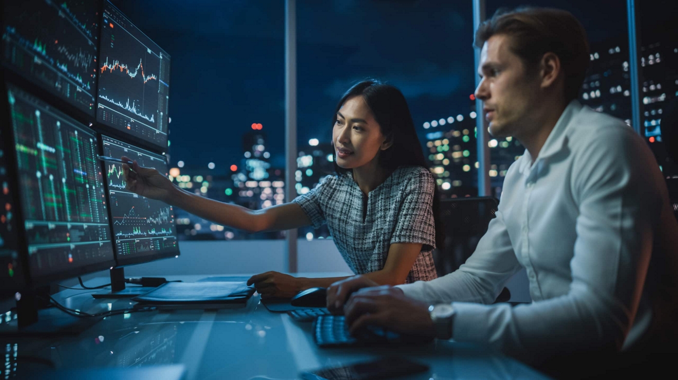 Dos ingenieros de servicios públicos supervisan la demanda de energía y los datos de distribución que aparecen en varios monitores.