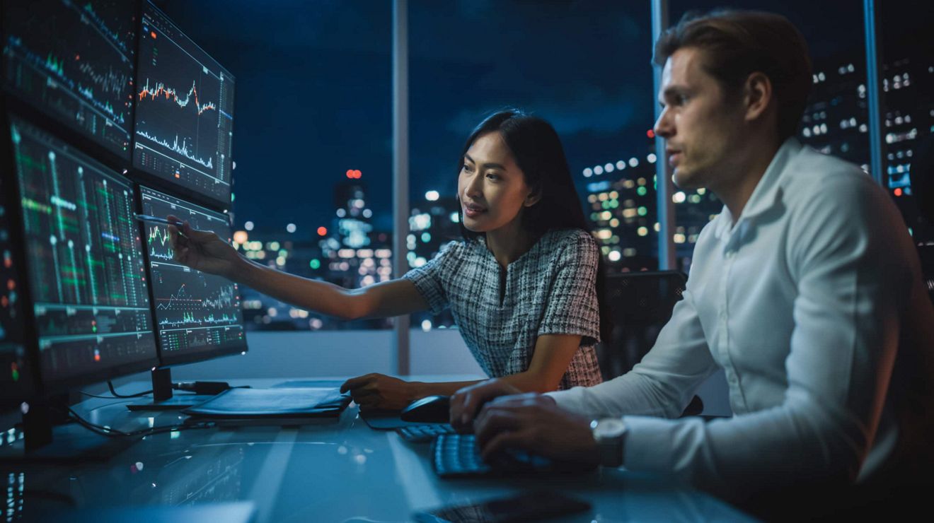 Dos ingenieros de servicios públicos supervisan la demanda de energía y los datos de distribución que aparecen en varios monitores.