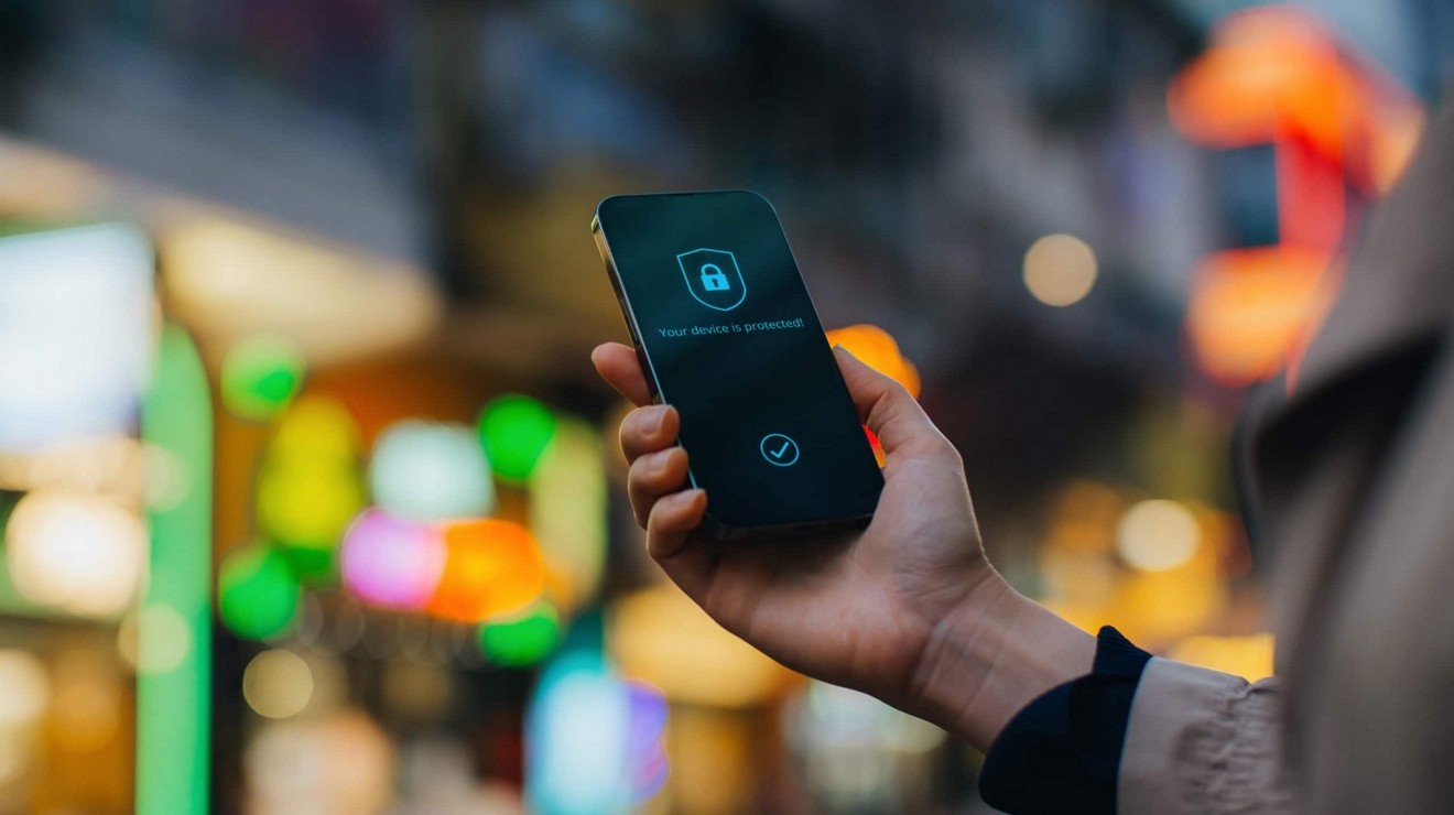 La pantalla de bloqueo de un smartphone en la mano de alguien utiliza íconos y texto para demostrar que está protegido.