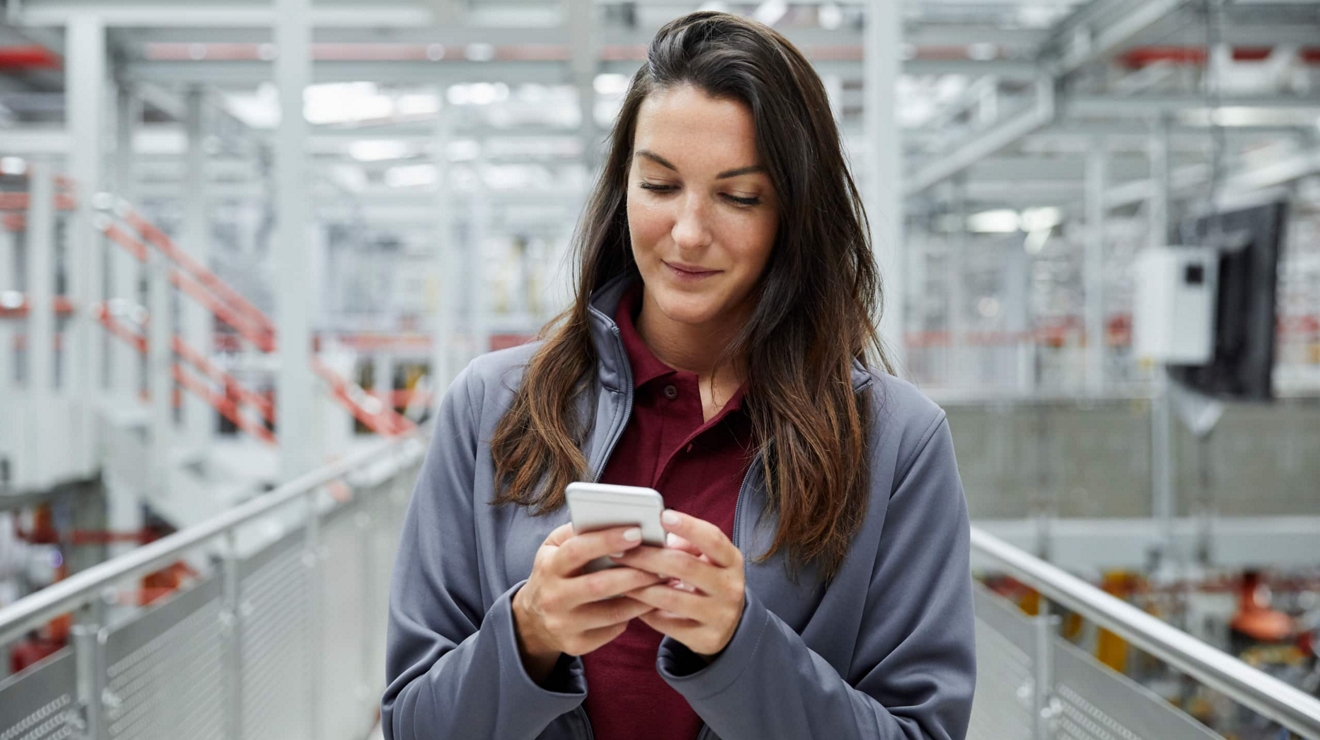 Un oficinista comprueba con confianza si hay mensajes en su smartphone.