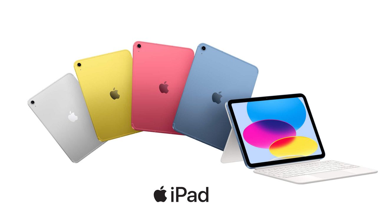 Cuatro dispositivos iPad A16 en color plata, amarillo, rosa y azul y un iPad A16 con un teclado.