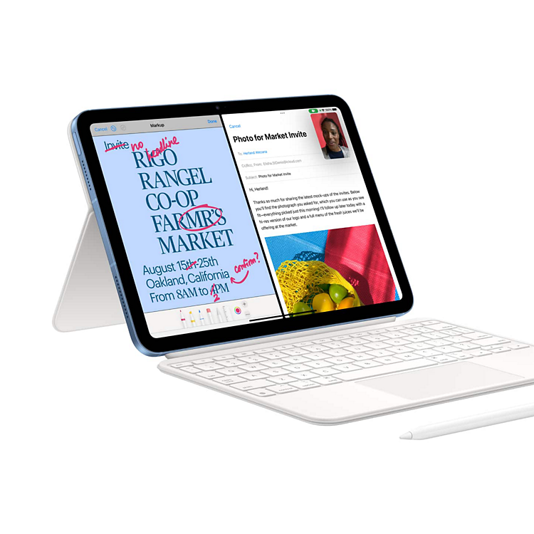 Un iPad 10.ª generación con un teclado y un Apple Pencil.