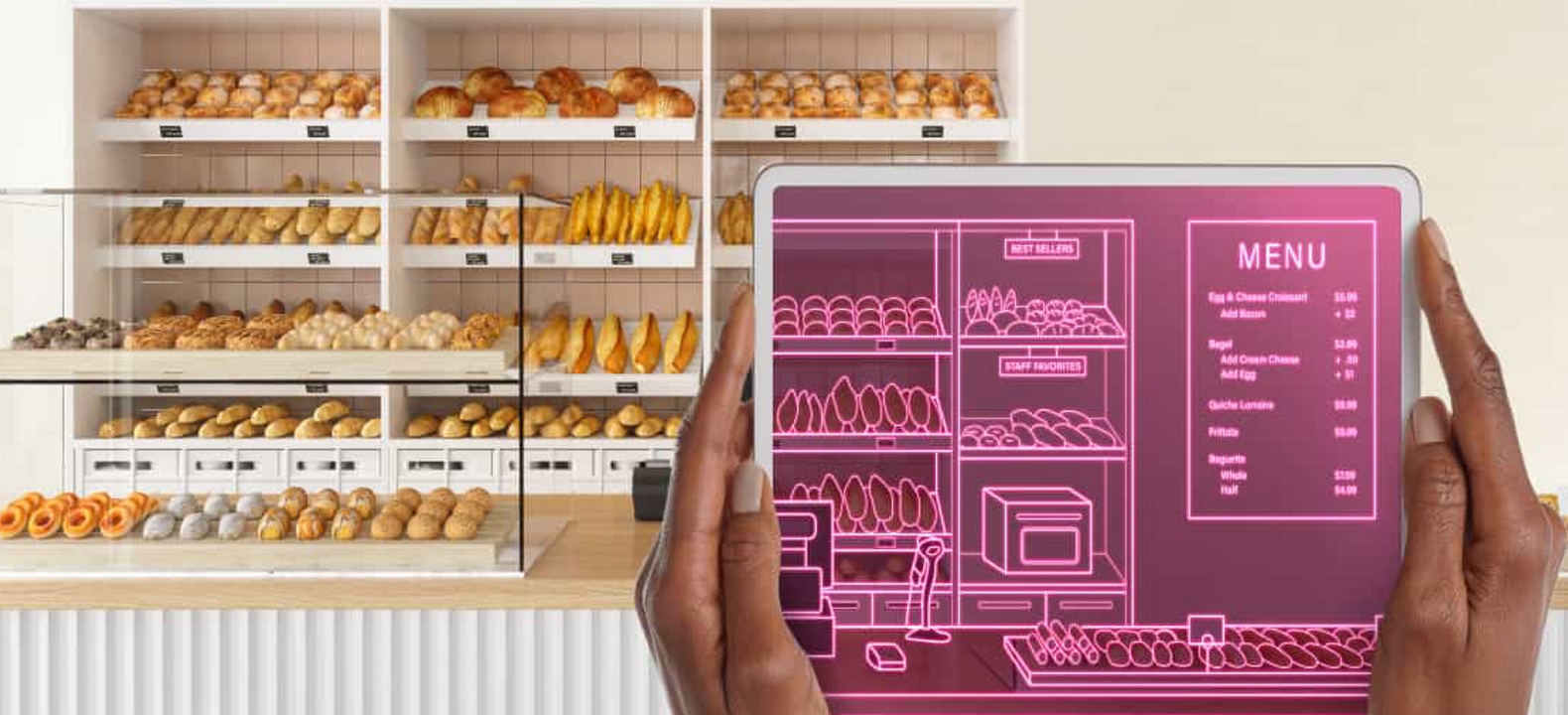 Vista en RV de una panadería y su menú.