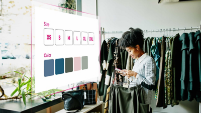 Una compradora de ropa comprueba la disponibilidad de tallas y colores en su smartphone.