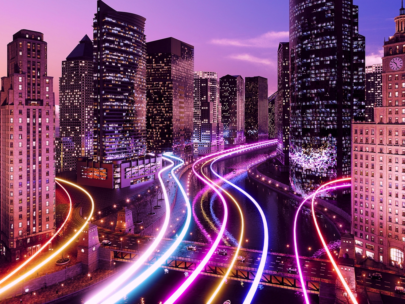 Estelas de luz coloridas que representan distintas frecuencias de radio y pasan por un paisaje urbano.