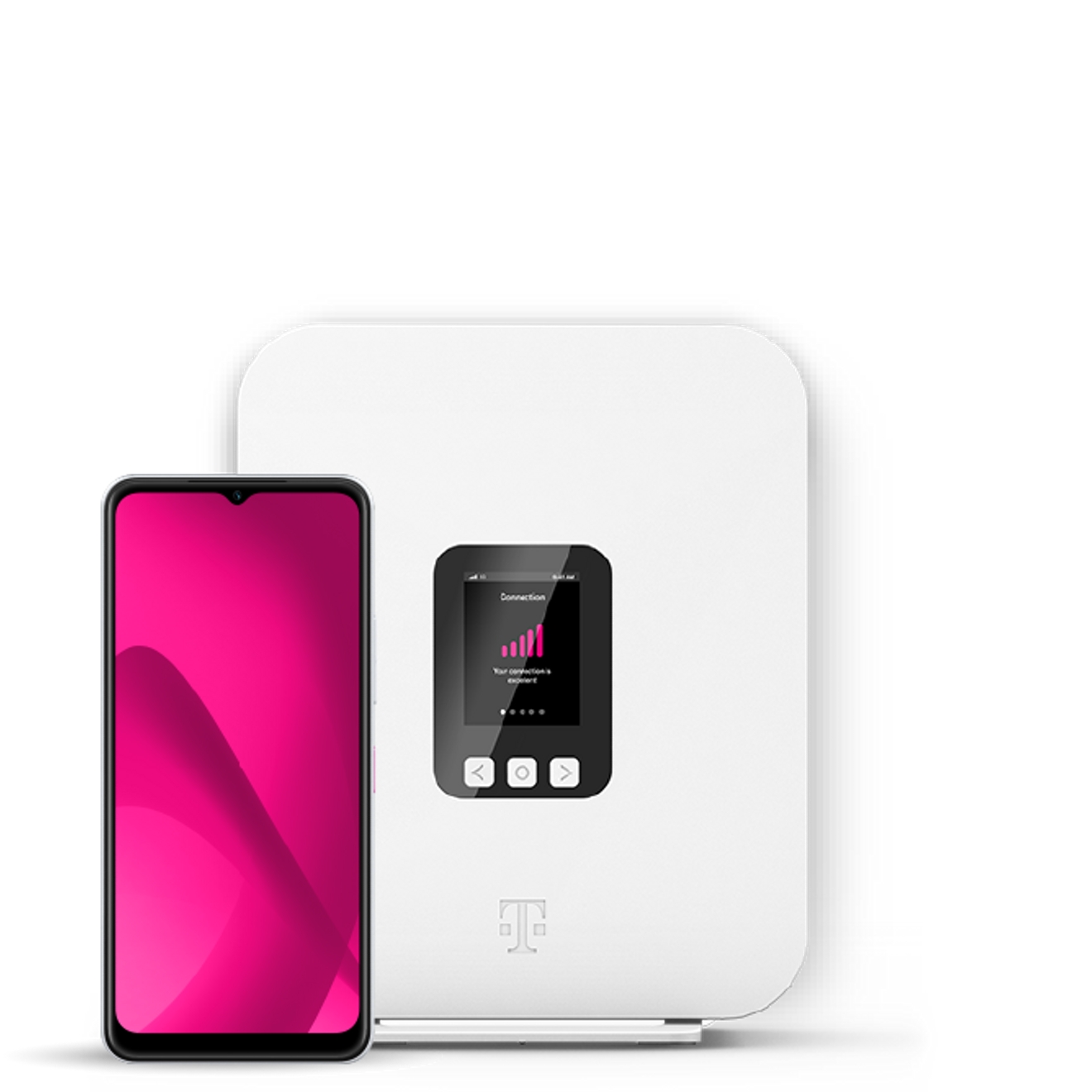 Un teléfono muestra la interfaz de la app T-Life. Se encuentra junto a un gateway de Internet residencial de T-Mobile.