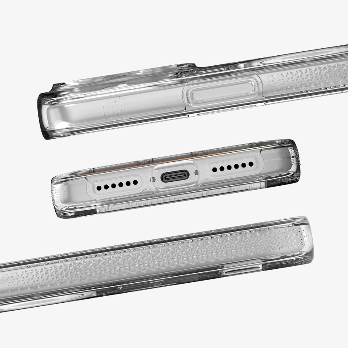 Tres vistas en primer plano de un iPhone 17 Pro plateado con una funda transparente ZAGG Crystal Palace, que destacan su perfil delgado, los bordes texturizados, el botón de cámara integrado, el puerto USB-C y las aberturas de los altavoces.
