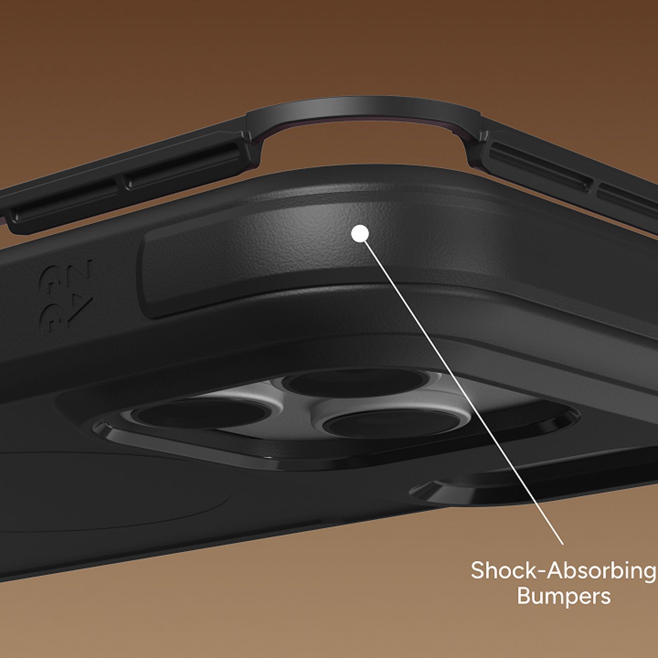 Close-up cutaway view of an iPhone in a black protective Rainier case, with the words “shock-absorbing bumpers” in the bottom-left corner.