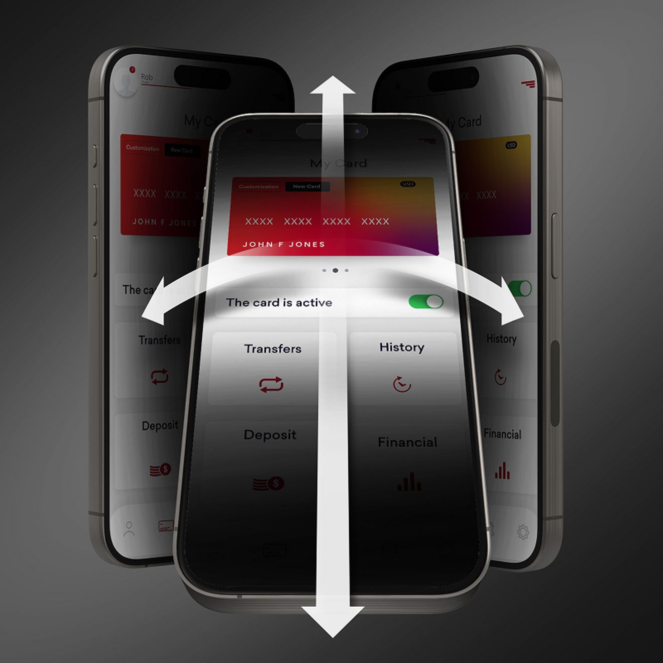 Tres iPhone superpuestos muestran una app de banca móvil, con flechas blancas que apuntan hacia arriba, abajo, a la izquierda y a la derecha para ilustrar la protección de la privacidad de la pantalla en todas las direcciones.