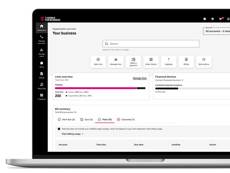 Una laptop muestra el panel de una cuenta comercial con un menú de navegación oscuro a la izquierda y un panel principal con el título "Tu empresa". La pantalla muestra secciones sobre información general de la licencia, resumen de factura y dispositivos financieros, incluidos los indicadores de estado y los detalles de uso.