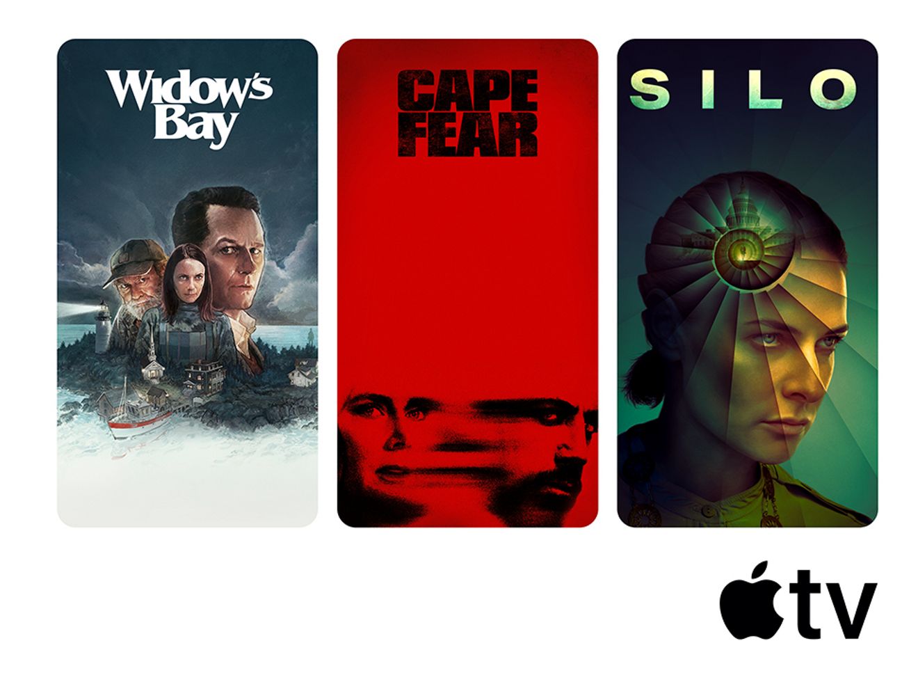 Imagen promocional de Apple TV en la que aparecen, una al lado de la otra, imágenes de Widow's Bay, Cape Fear y Silo.
