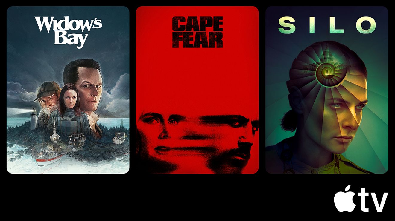 Apple TV promotional graphic featuring artwork for Silo, Cape Fear, Widow’s Bay, and Your Friends & Neighbors displayed across a smartphone screen.