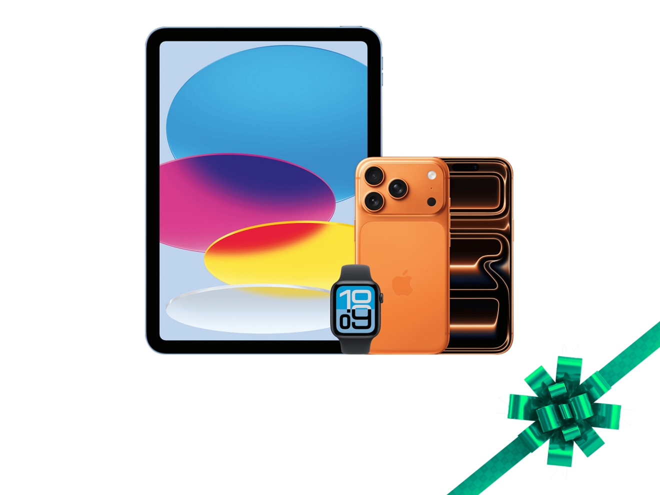 iPad A16, Apple Watch SE 3 y iPhone 17 Pro colocados uno al lado del otro con un festivo lazo navideño.