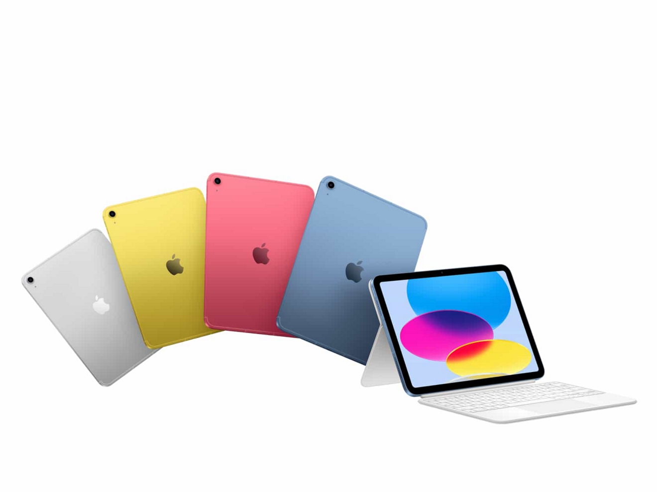 Cuatro dispositivos iPad A16 en color plata, amarillo, rosa y azul y un iPad A16 con un teclado.