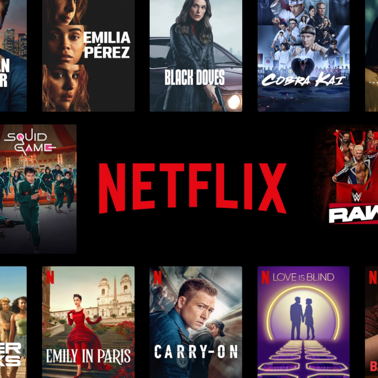 Un collage de programas y películas populares de Netflix, como Happy Gilmore 2, Wednesday y Squid Game.