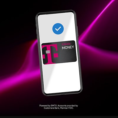 Dispositivo con tarjeta T-Mobile MONEY en la pantalla y logotipo de marca de verificación