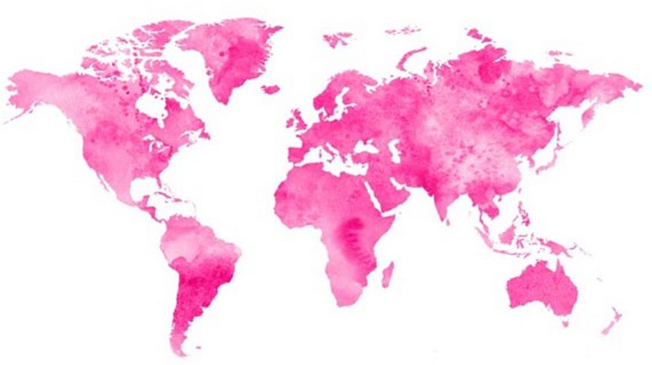 Un mapa del mundo en suave acuarela magenta.