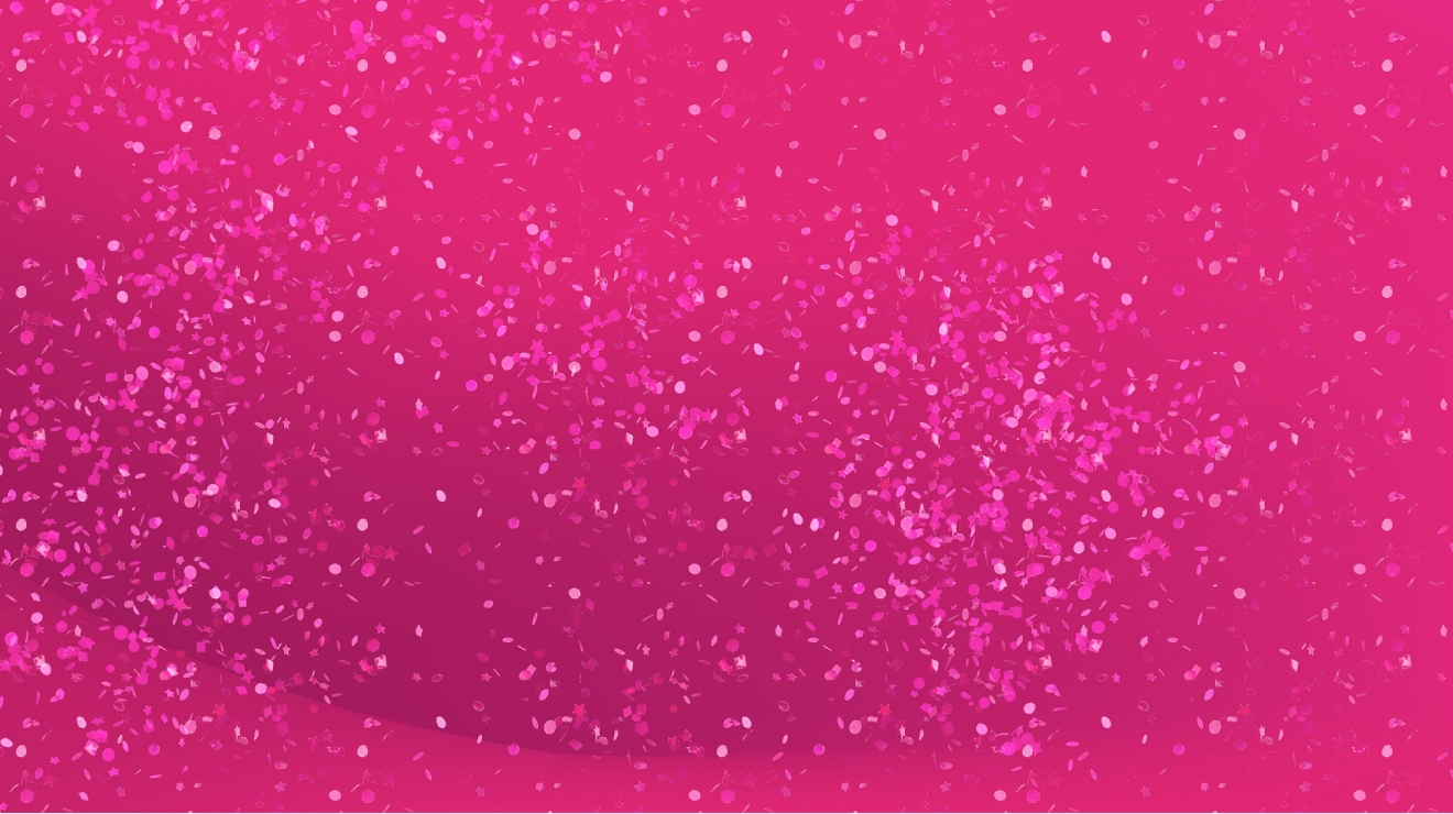 Bright magenta background with confetti-like dots.
