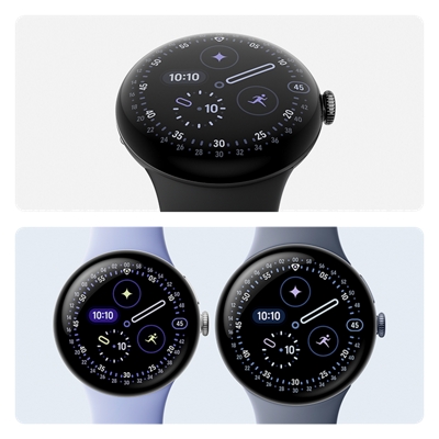 Imágenes del Google Pixel Watch 4 con pantalla Actua abovedada, en colores negro, azul y gris sobre fondos blancos.
