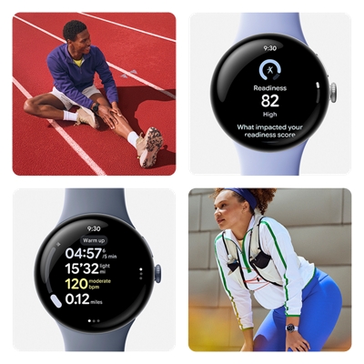 Cuatro imágenes: 1) un atleta con un reloj Google Pixel Watch 4 estirando antes de hacer ejercicio, 2) primer plano de un reloj Google Pixel Watch 4 mostrando la preparación para el ejercicio, 3) primer plano de un reloj Google Pixel Watch 4 que muestra estadísticas detalladas de fitness, y 4) una atleta con un reloj Google Pixel Watch 4 agachada como si fuera a saltar para empezar un partido.