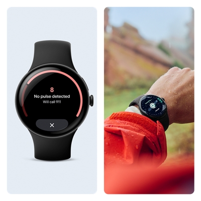 Imagen de un Google Pixel Watch 4 con la función de detección del pulso activada, sobre un fondo en blanco. ​​​​​​​Imagen de un reloj Google Pixel Watch 4 en la muñeca de un hombre en un entorno al aire libre.