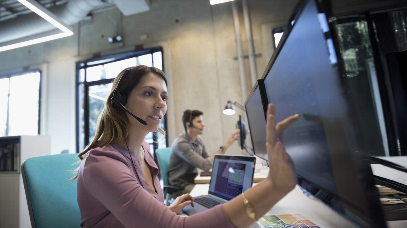 Profesionales de despacho en una oficina trabajando con varias computadoras.