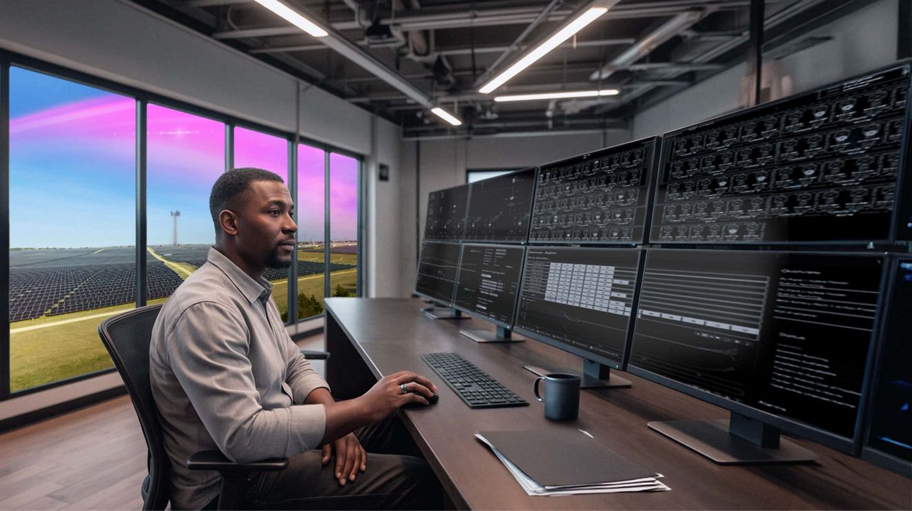 An engineer at a remote site monitors a solar array from a SuperBroadband connected workstation.