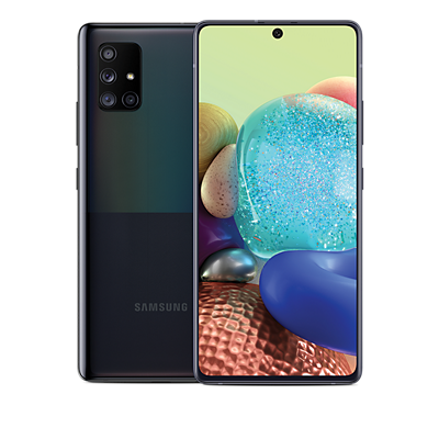 Smartphone Samsung Galaxy A71 5G con formas orgánicas de diferentes colores en la pantalla