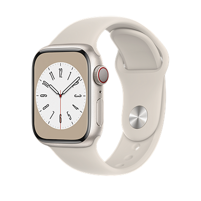 Apple Watch Series 8 con caja en color plata y correa blanca.