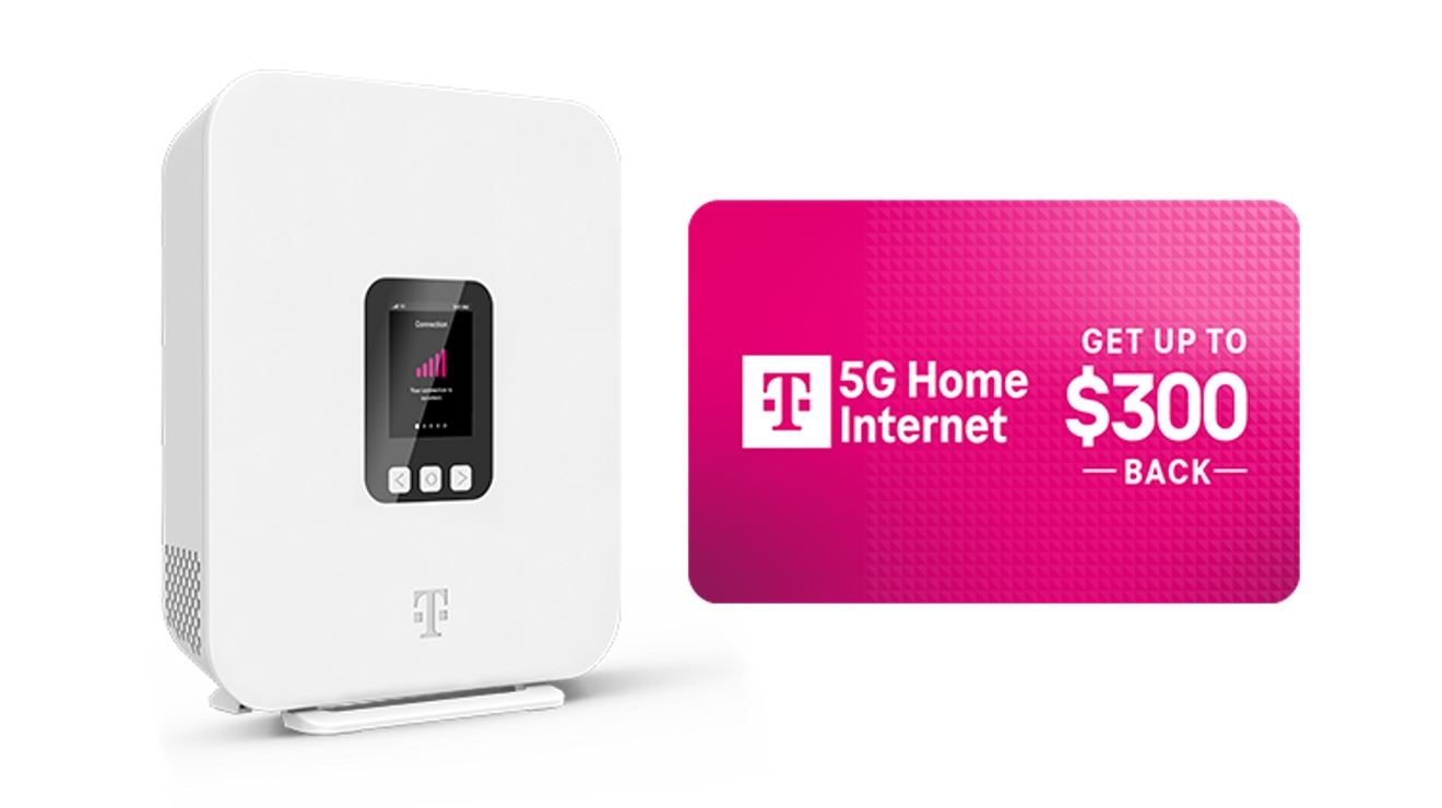 Un gateway de Internet 5G residencial de T-Mobile blanco junto a una tarjeta que dice Internet 5G residencial, obtén hasta 300 dólares de reembolso.