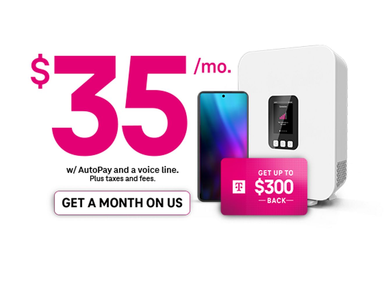 Oferta de Internet 5G residencial de T-Mobile: $35 al mes con combo, un mes gratis y hasta $300 de reembolso, más un gateway de Internet residencial y un teléfono.