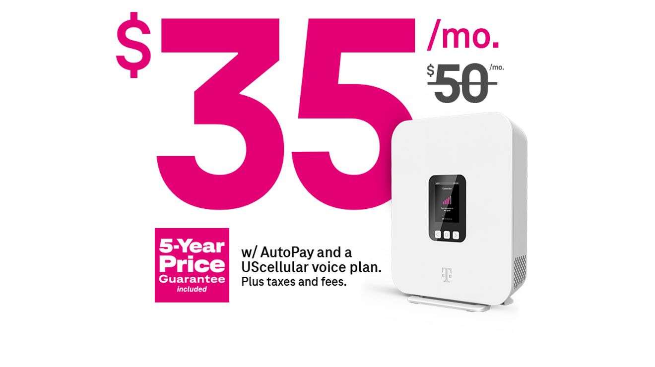 35 dólares al mes con AutoPago y una línea de voz. Plus taxes and fees. 50 dollars a month is crossed out. 5-Year Price Guarantee included. 5G gateway.