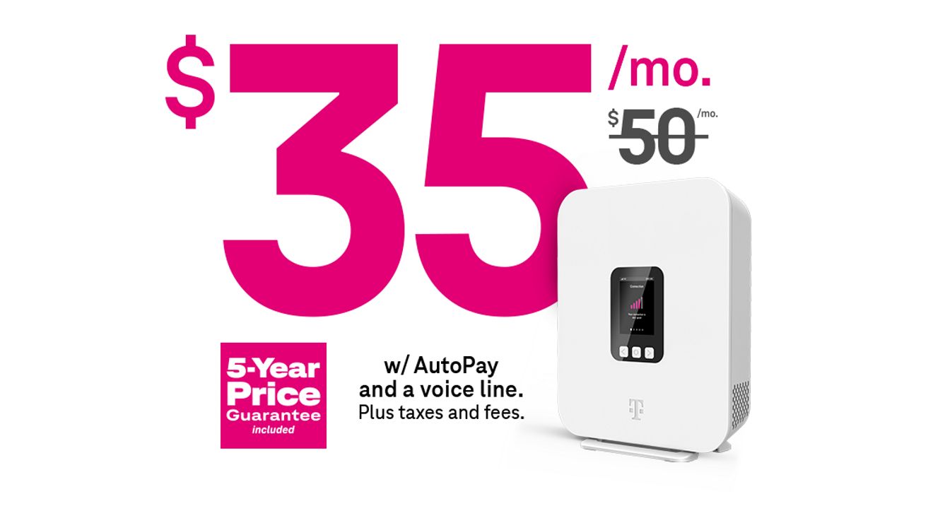 35 dólares al mes. 50 dólares al mes tachado. Con AutoPago y una línea de voz. Más impuestos y cargos. Precio garantizado por 5 años incluido.