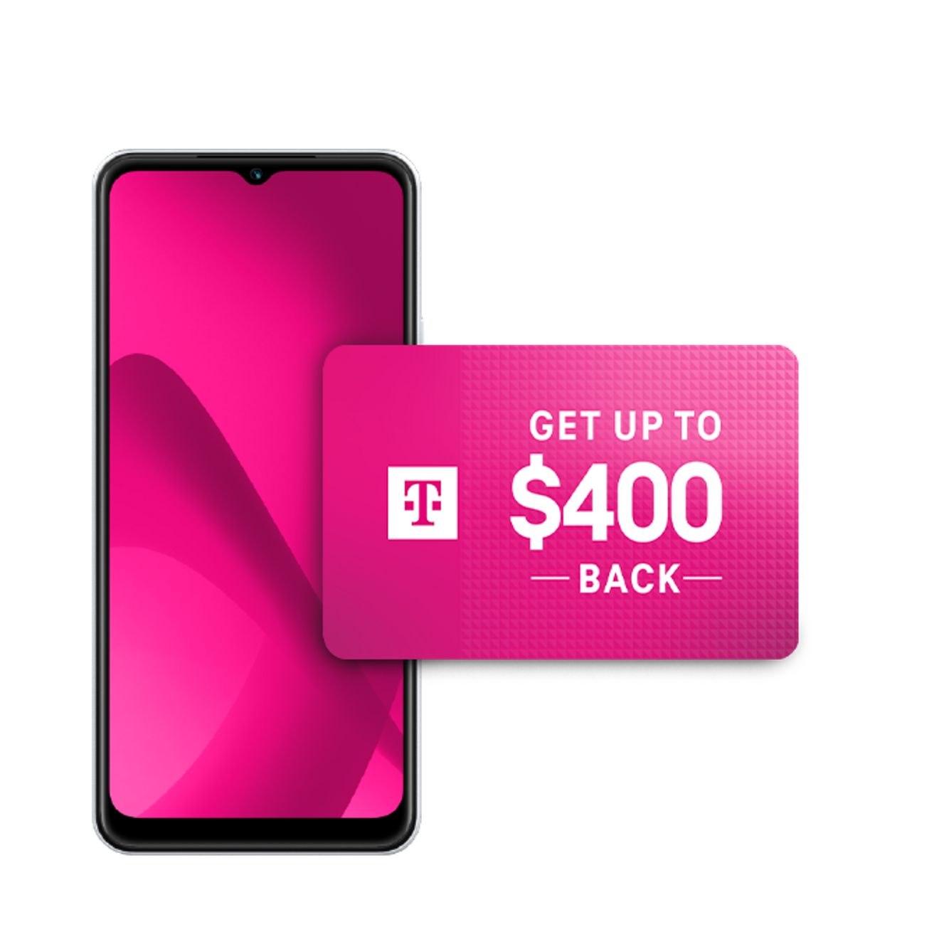 Pantalla de un smartphone con degradado magenta, junto con una tarjeta de regalo de hasta $400 con la marca de T-Mobile.