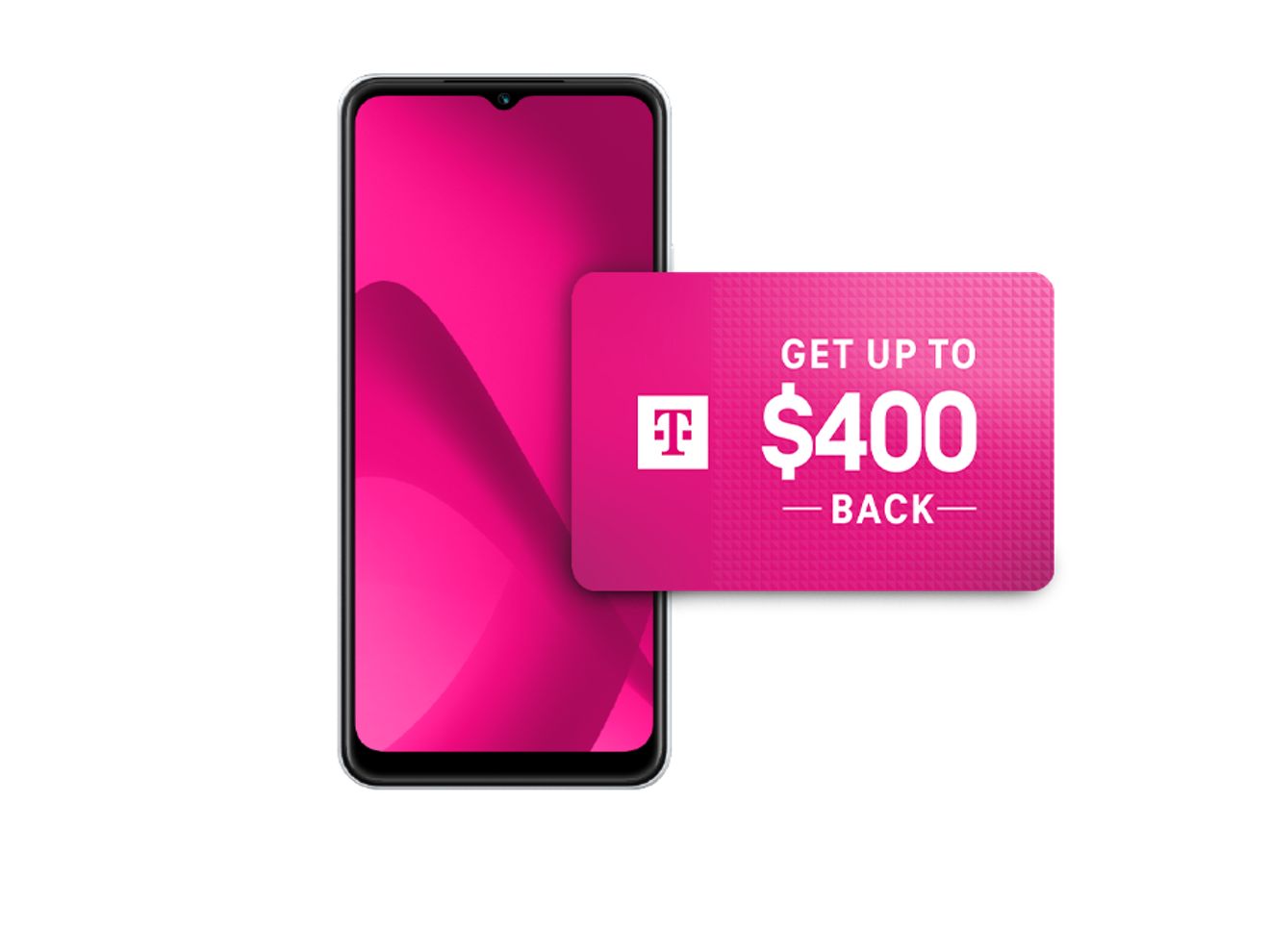 Pantalla de un smartphone con degradado magenta, junto con una tarjeta de regalo de hasta $400 con la marca de T-Mobile.