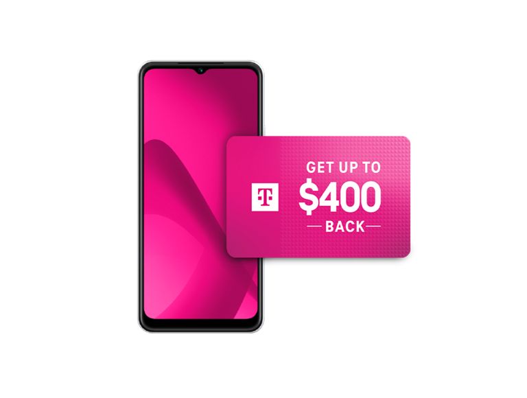 Imagen del teléfono REVVL con una tarjeta regalo de hasta $400 de reembolso.