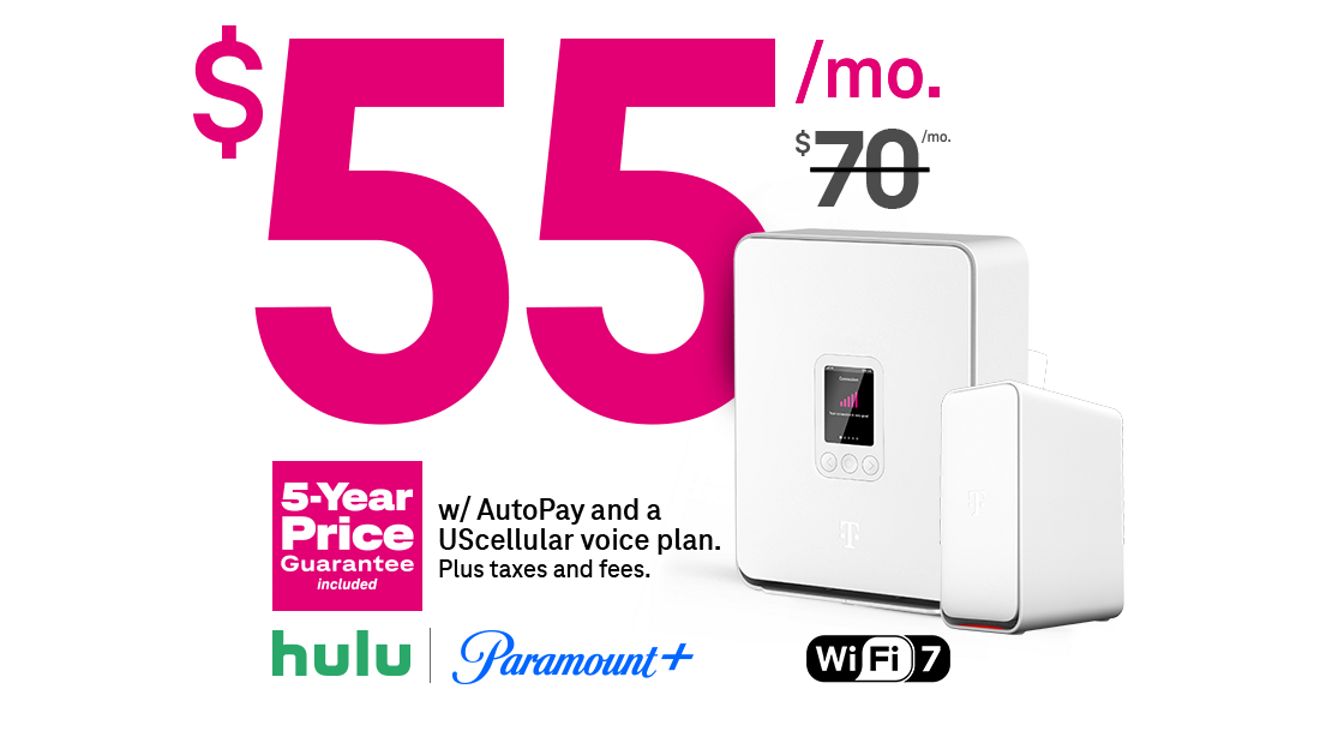 55 dólares al mes con AutoPago y una línea de voz. Más impuestos y cargos. 70 dólares al mes está tachado. Precio garantizado por 5 años incluido. TechEdge Suite. Hulu. Paramount+. Gateway wifi 7.