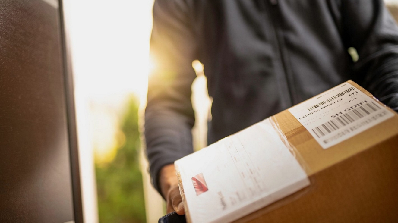 Primer plano de una persona entregando una caja.