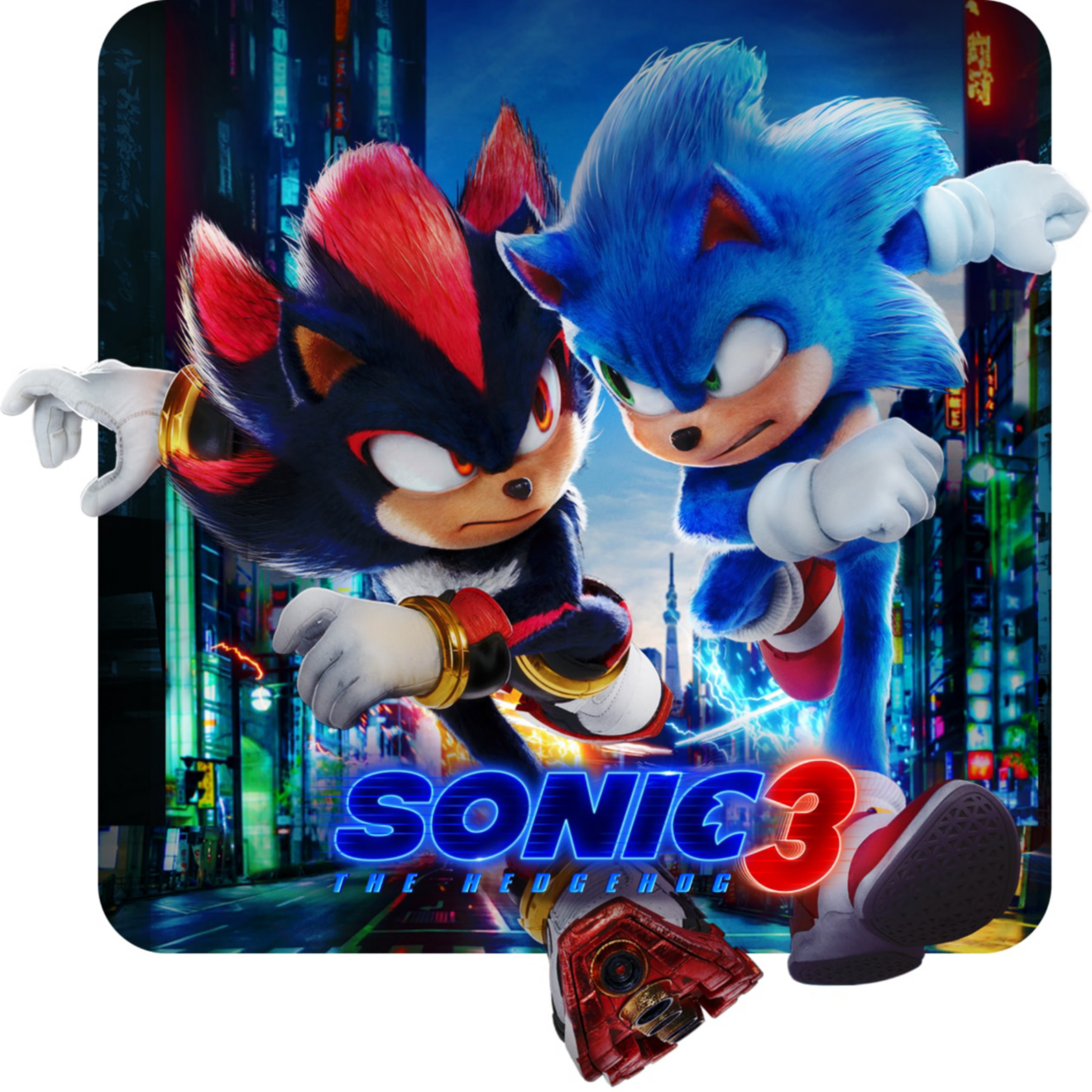 Póster de la película Sonic the Hedgehog 3 con Sonic y Shadow corriendo por una calle de la ciudad